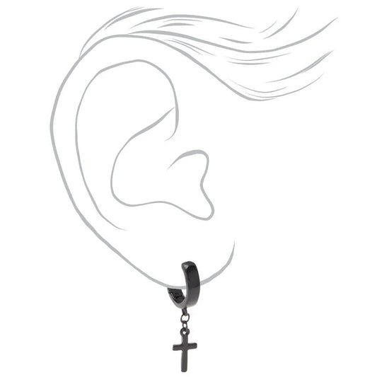 Black 15MM Cross Huggie Hoop Earrings
